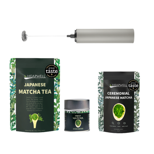 Complete Matcha Mastery Set including Premium, Ceremonial, and Finest Grade Matcha powders with a Rechargeable Electric Whisk on a serene, bamboo background