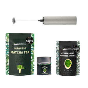Complete Matcha Mastery Set including Premium, Ceremonial, and Finest Grade Matcha powders with a Rechargeable Electric Whisk on a serene, bamboo background