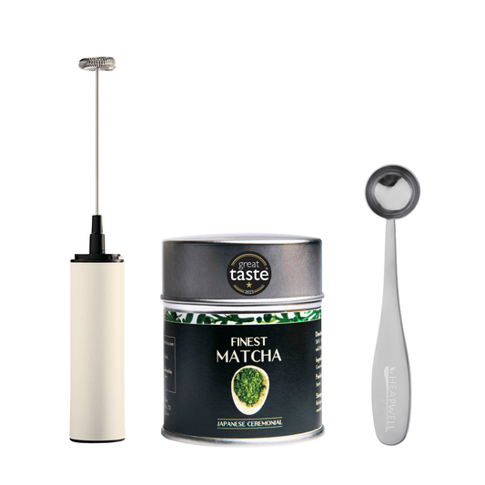 Finest Organic Ceremonial Matcha Kit - Heapwell Matcha Modern Ceremony Set with Rechargeable Electric Whisk and Measuring Spoon